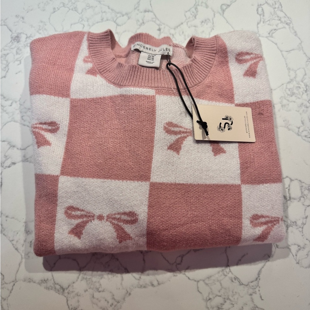 Sincerly Jules Pink & White Checkerboard Bow Crewneck Sweater